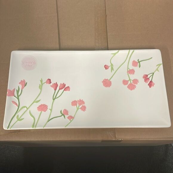 New ceramic hand painted pink flower rectangular platter decorative serving tray - Picture 1 of 5
